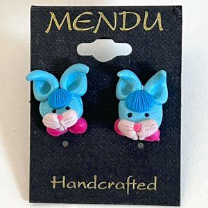 MENDU Handcrafted Blue Bunny Rabbit Stud Pierced Earrings